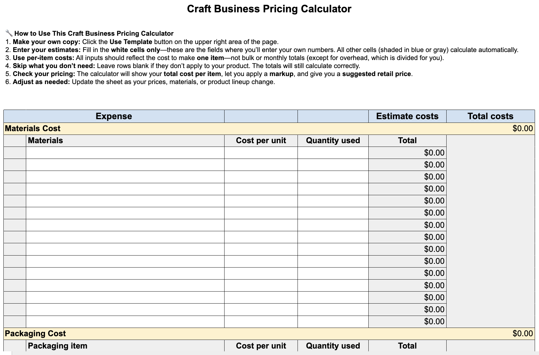 Craft Business Pricing Calculator.